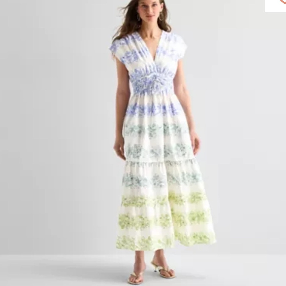Sam And Jess Smocked V-Neck Tiered Maxi Dress in Pastel Floral Sz XL
